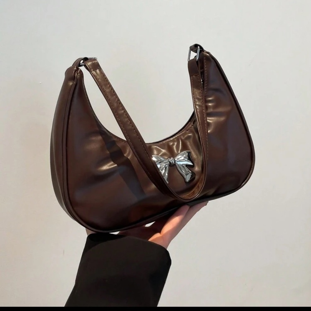 Brown leather shoulder bag with bow detail | armpit dumpling crescent moon purse - Picture 2 of 12